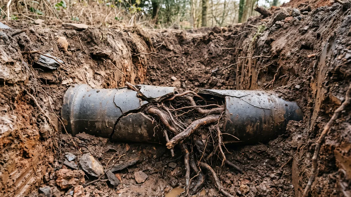 Tree roots intruding through a cracked earthenware sewer pipe in an open excavation trench
