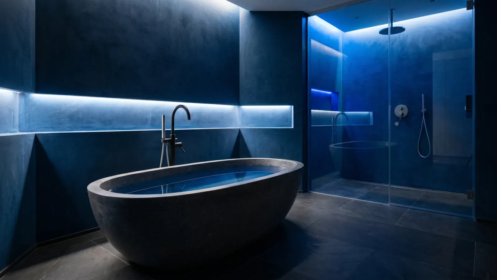 Luxury modern bathroom with a freestanding stone bath and frameless glass shower