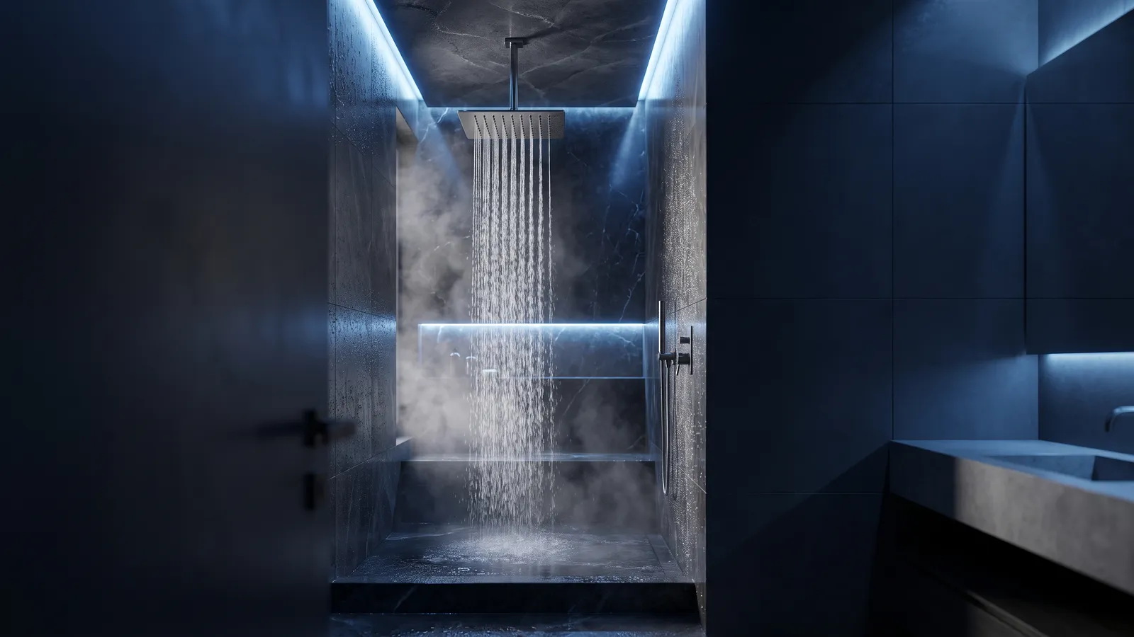 Luxury rainfall shower running in a moody dark-tiled bathroom with blue accent lighting