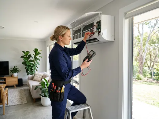 Technician servicing a wall-mounted split-system air conditioner inside a modern Adelaide home