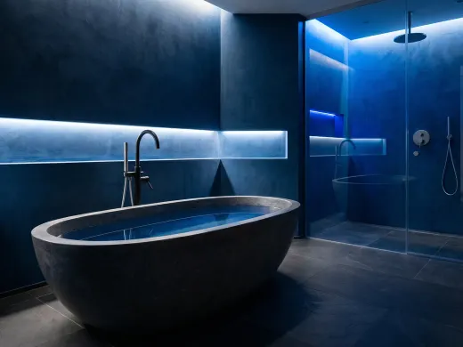 Luxury modern bathroom with a freestanding stone bath and frameless glass shower