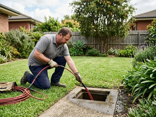 Plumber clearing a blocked outdoor drain in a suburban Adelaide backyard using drain rods
