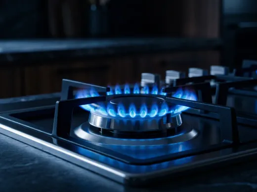 Modern gas cooktop burner with a ring of vivid blue flame