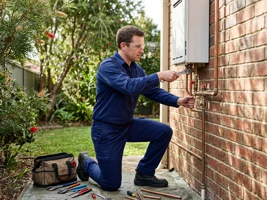 Licensed plumber safely servicing a gas hot-water unit on the exterior wall of an Adelaide home