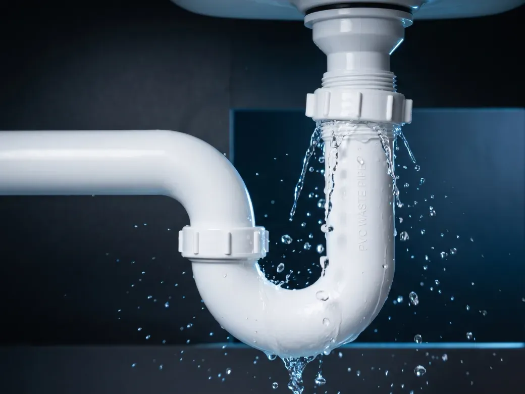 Water leaking from the joint of a white PVC waste pipe under a sink