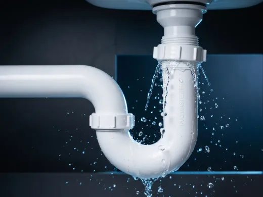 Water leaking from the joint of a white PVC waste pipe under a sink
