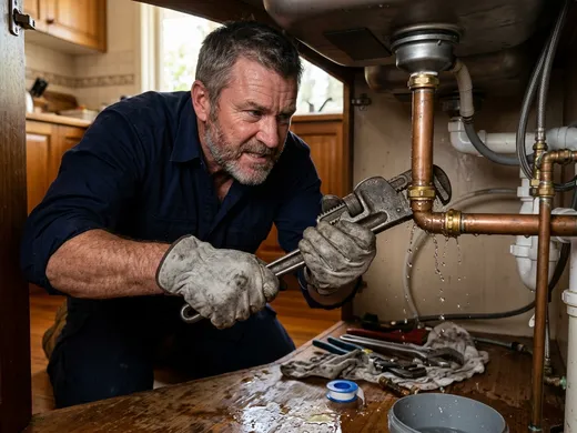 Plumber gripping a pipe wrench repairing a leaking pipe under a residential kitchen sink