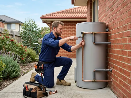 Plumber installing a residential hot water system tank on the exterior wall of an Australian home