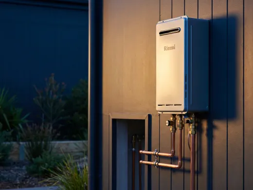 Modern continuous-flow gas hot water unit wall-mounted with neat copper pipe connections