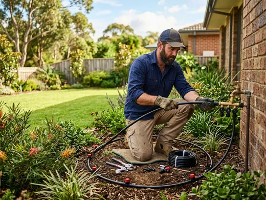 Plumber installing garden irrigation piping and connecting poly tubing in a suburban Adelaide yard