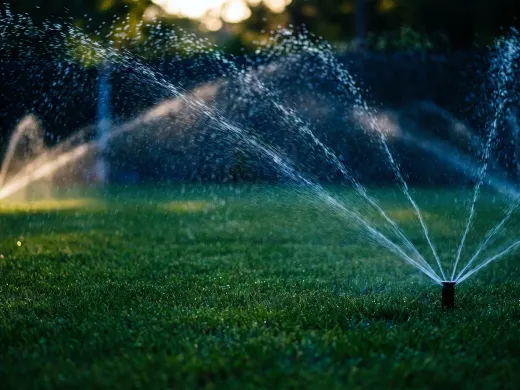 Garden sprinklers watering a lush green lawn at golden hour