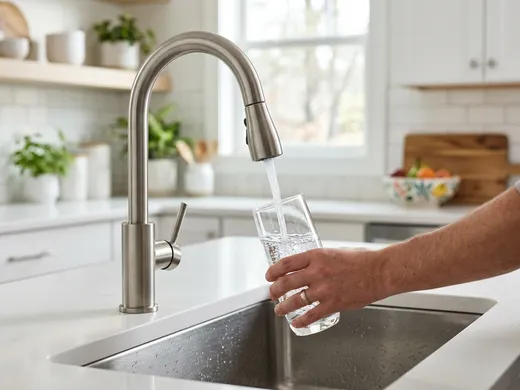 Clean under-sink water filtration system installed beneath a kitchen cabinet in a modern Australian home