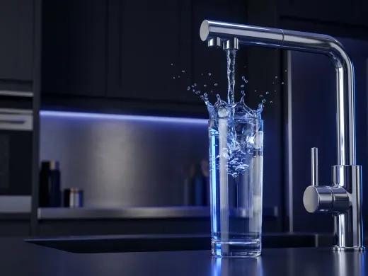 Crystal-clear water filling a glass under a modern chrome filtered tap