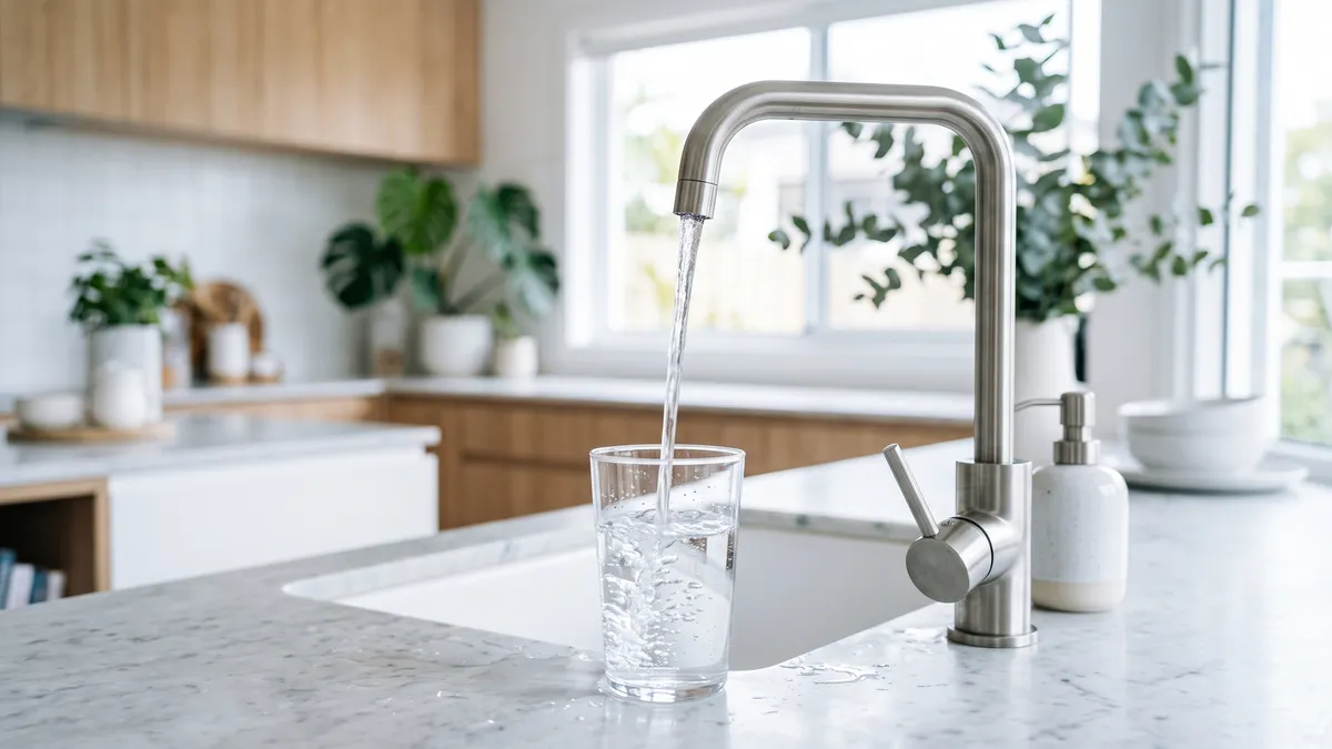 Filtered water pouring into a glass from a modern kitchen tap